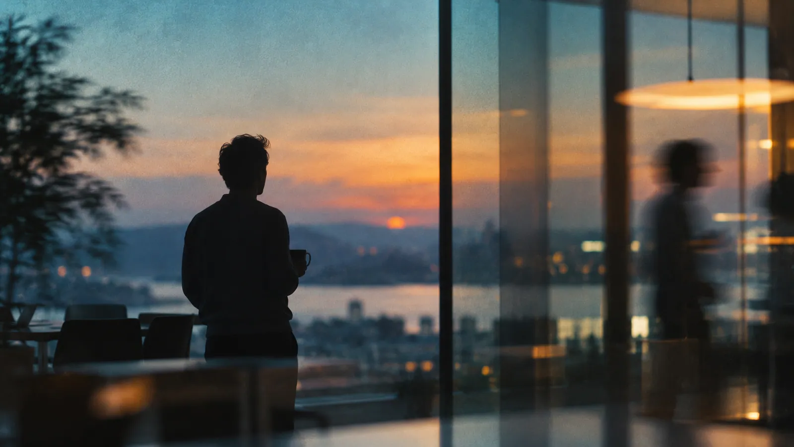A team at work inside a modern office at dusk