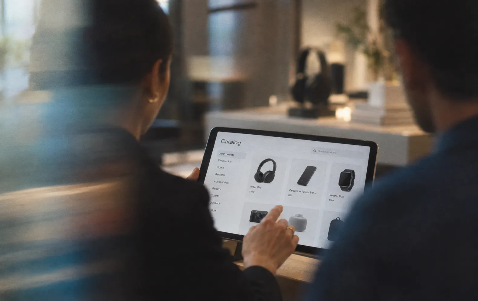 A merchandising team reviewing the product catalog, ranked by risk, on a tablet
